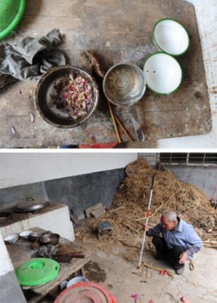 在河南省驻马店市西平县于营村，双目失明的于二稳自己摸索着去“厨房”。他是个单身汉，借宿在侄子的空房子里，邻居隔段时间会帮他买些菜(拼版照片)。冯大鹏 摄